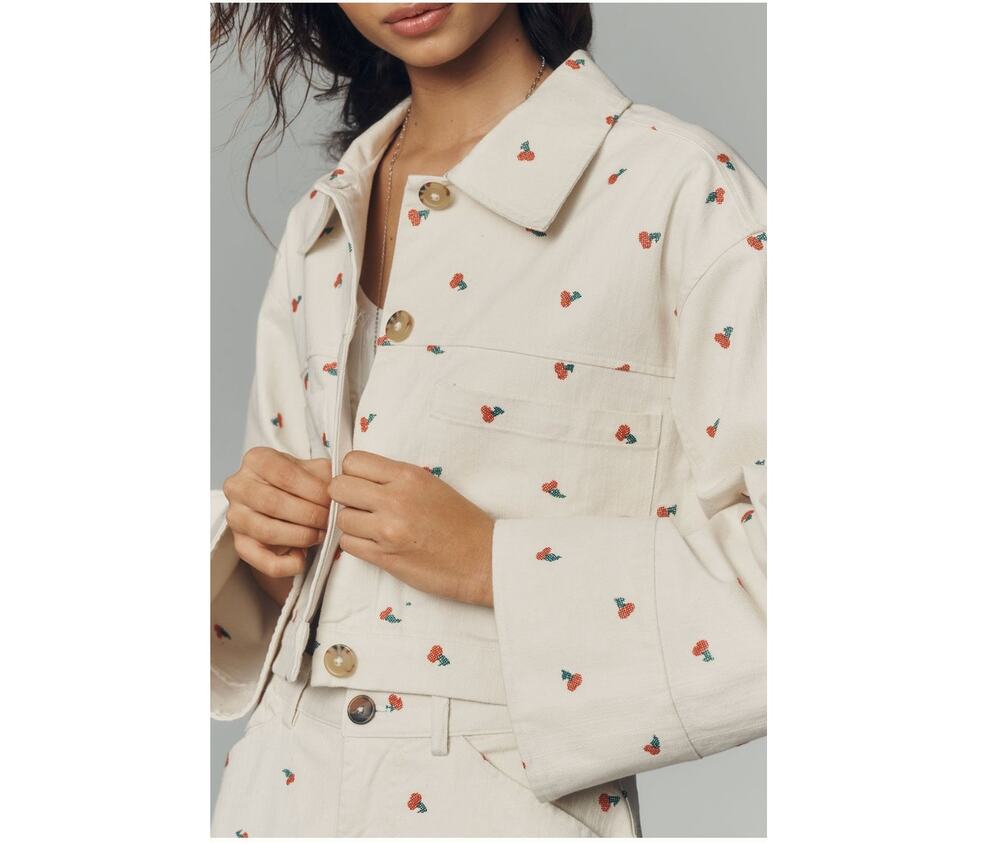Anthropologie Pilcro Cherries Embroidered Icon Crop Utility Demin Jacket Medium